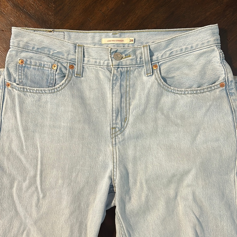 Levi low pro jeans. Length is about 30 inches.